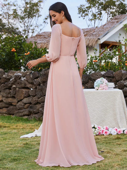 High-Slit Waist Pleated Off Shoulder Chiffon Bridesmaid Dress with Long Sleeves