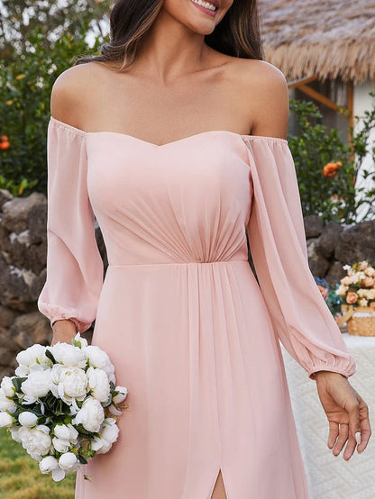 High-Slit Waist Pleated Off Shoulder Chiffon Bridesmaid Dress with Long Sleeves