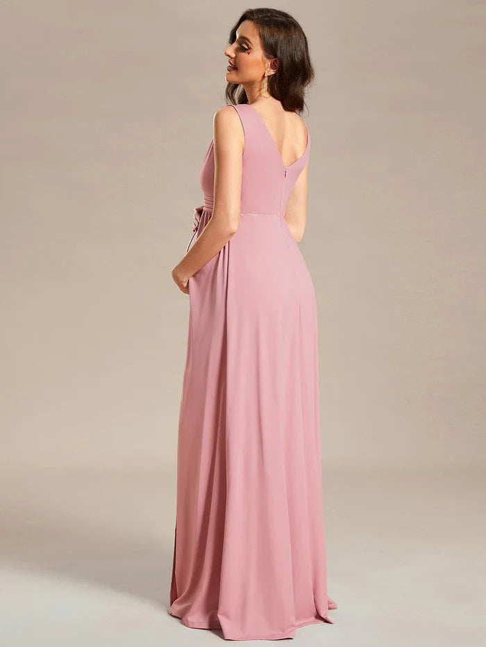 Sleeveless V-Neck Pleated Maternity Dress with Front Slit