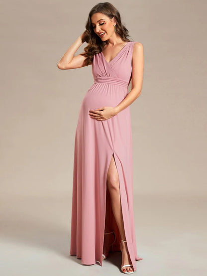 Sleeveless V-Neck Pleated Maternity Dress with Front Slit