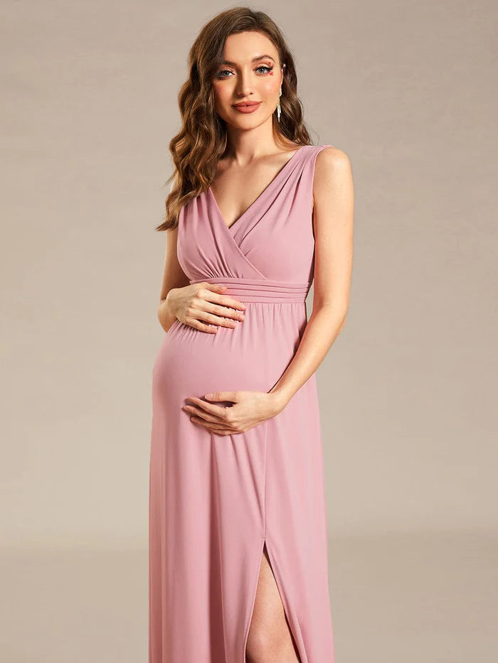 Sleeveless V-Neck Pleated Maternity Dress with Front Slit