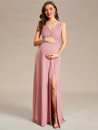 Sleeveless V-Neck Pleated Maternity Dress with Front Slit