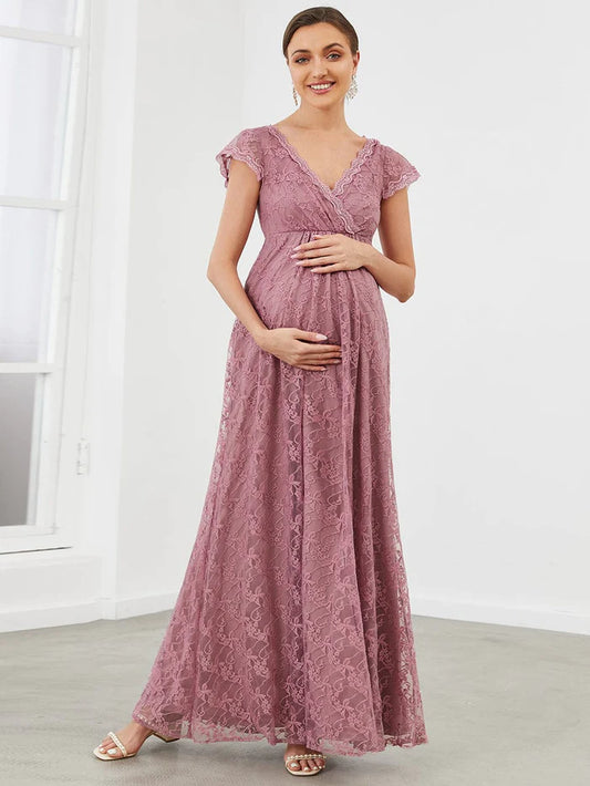 A-Line Lace V-Neck Short Sleeve Maternity Dress