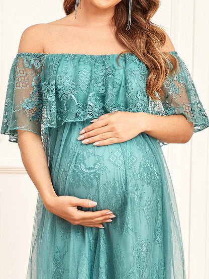 Off Shoulder Sheer Pleated Lace A-line Maternity Dress