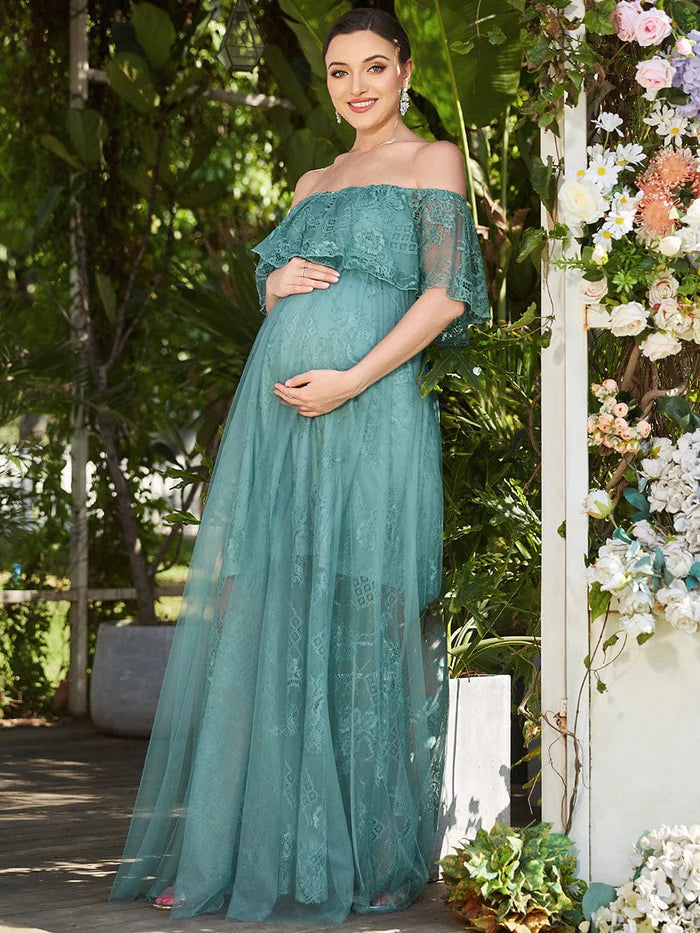 Off Shoulder Sheer Pleated Lace A-line Maternity Dress