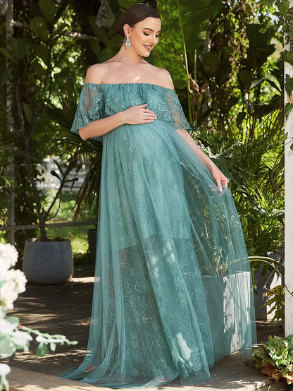 Off Shoulder Sheer Pleated Lace A-line Maternity Dress