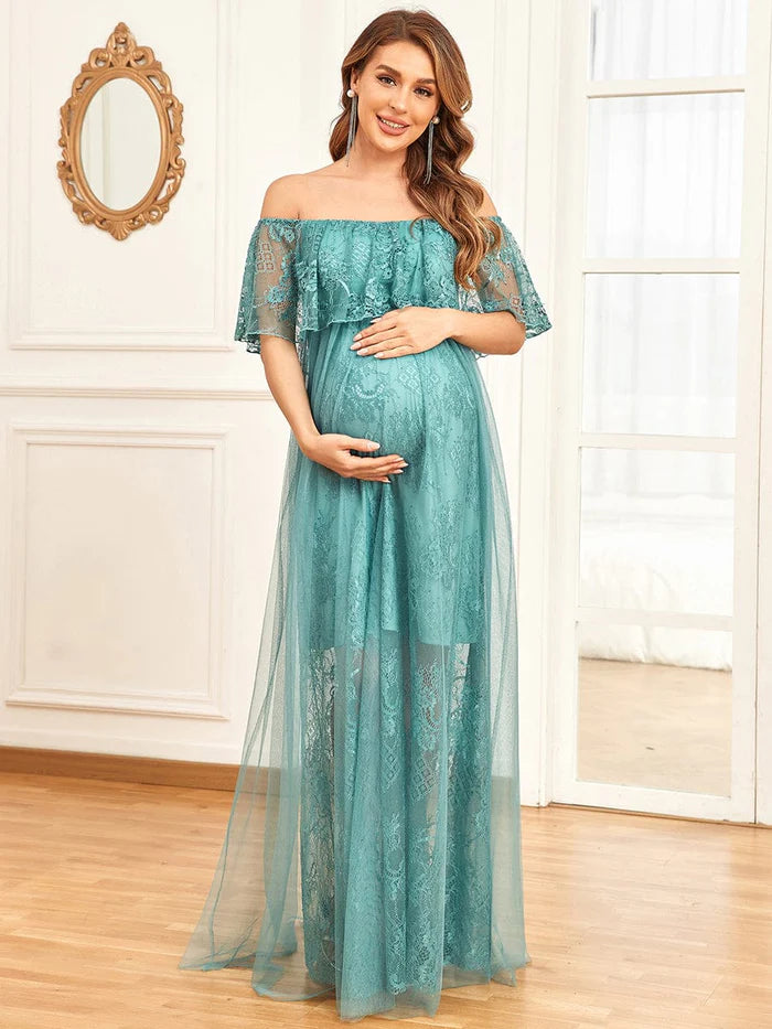 Off Shoulder Sheer Pleated Lace A-line Maternity Dress