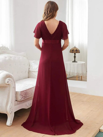 Pleated Bodice Ruffle Sleeves V Neck Floor Length Maternity Dress