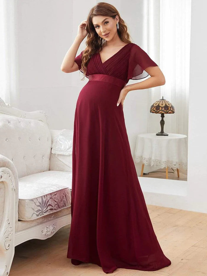 Pleated Bodice Ruffle Sleeves V Neck Floor Length Maternity Dress