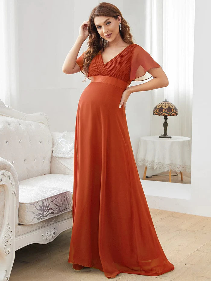 Pleated Bodice Ruffle Sleeves V Neck Floor Length Maternity Dress