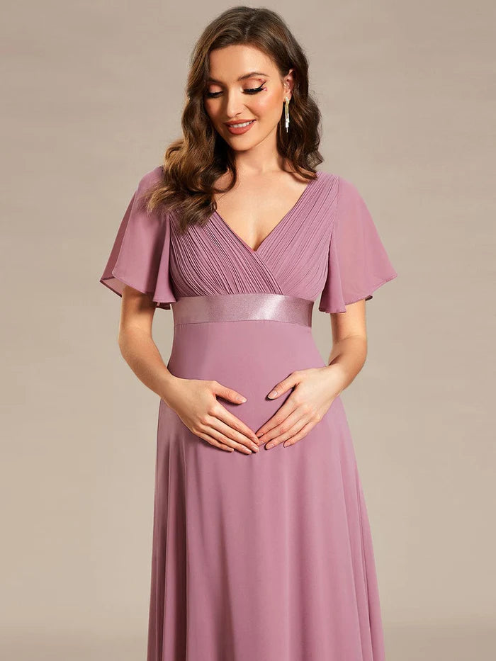 Pleated Bodice Ruffle Sleeves V Neck Floor Length Maternity Dress