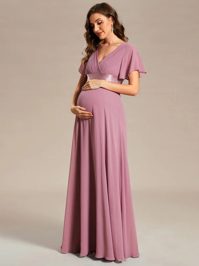 Pleated Bodice Ruffle Sleeves V Neck Floor Length Maternity Dress