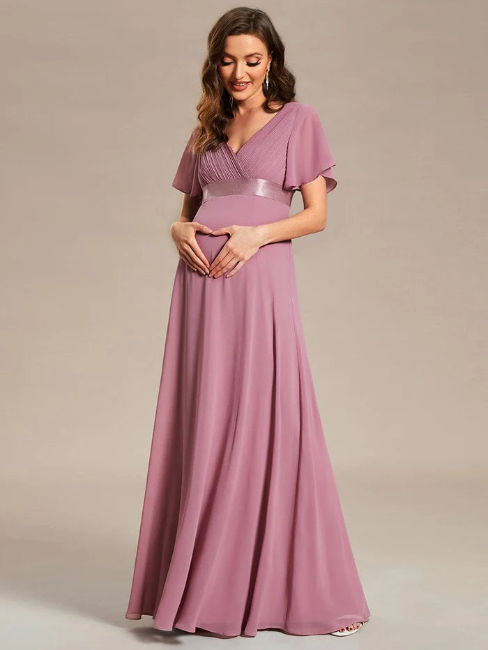 Pleated Bodice Ruffle Sleeves V Neck Floor Length Maternity Dress