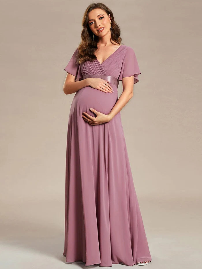 Pleated Bodice Ruffle Sleeves V Neck Floor Length Maternity Dress