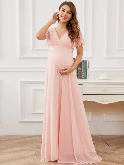 Pleated Bodice Ruffle Sleeves V Neck Floor Length Maternity Dress