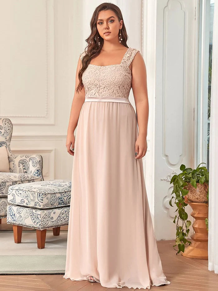 Plus Size Elegant A Line Long Chiffon Bridesmaid Dress With Lace Bodice