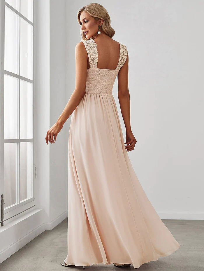 Elegant A Line Long Chiffon Bridesmaid Dress With Lace Bodice