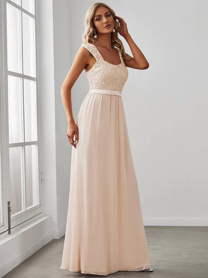 Elegant A Line Long Chiffon Bridesmaid Dress With Lace Bodice