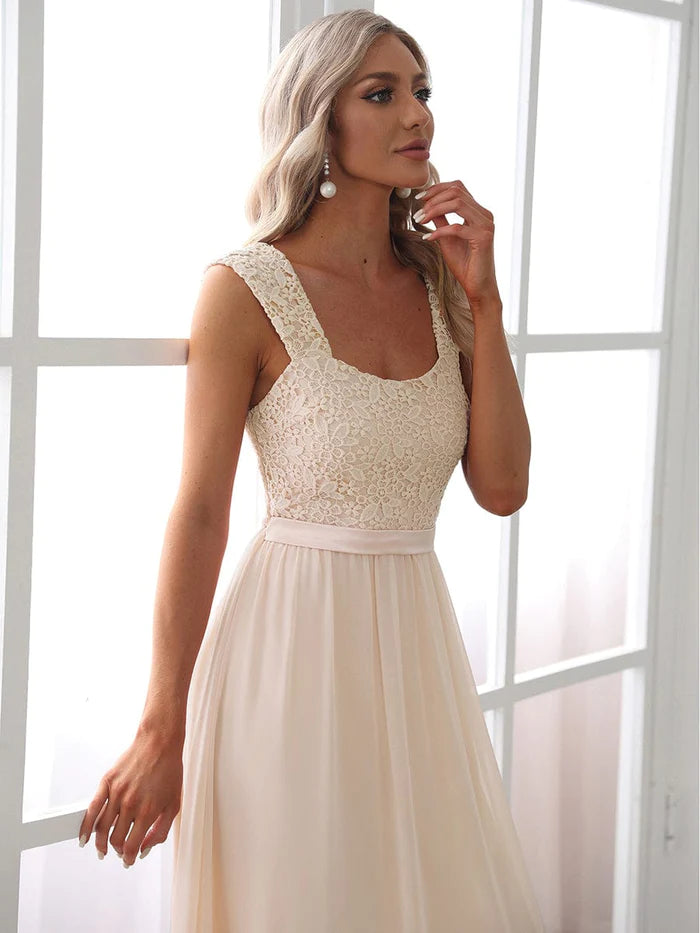 Elegant A Line Long Chiffon Bridesmaid Dress With Lace Bodice