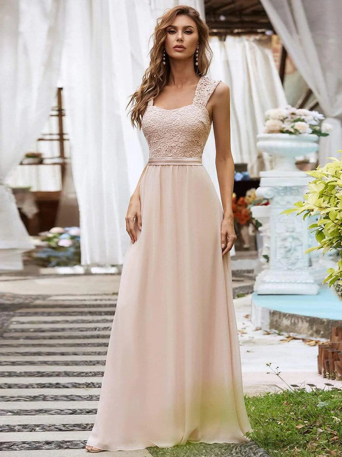 Elegant A Line Long Chiffon Bridesmaid Dress With Lace Bodice