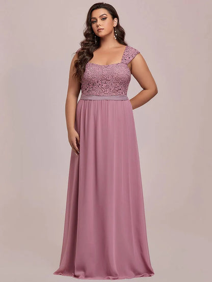 Plus Size Elegant A Line Long Chiffon Bridesmaid Dress With Lace Bodice