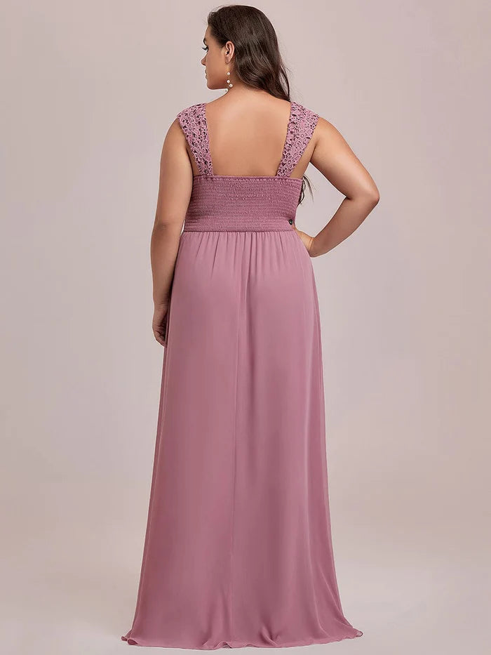 Plus Size Elegant A Line Long Chiffon Bridesmaid Dress With Lace Bodice