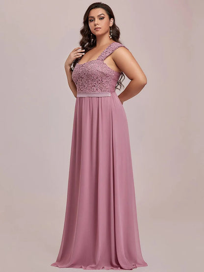 Plus Size Elegant A Line Long Chiffon Bridesmaid Dress With Lace Bodice