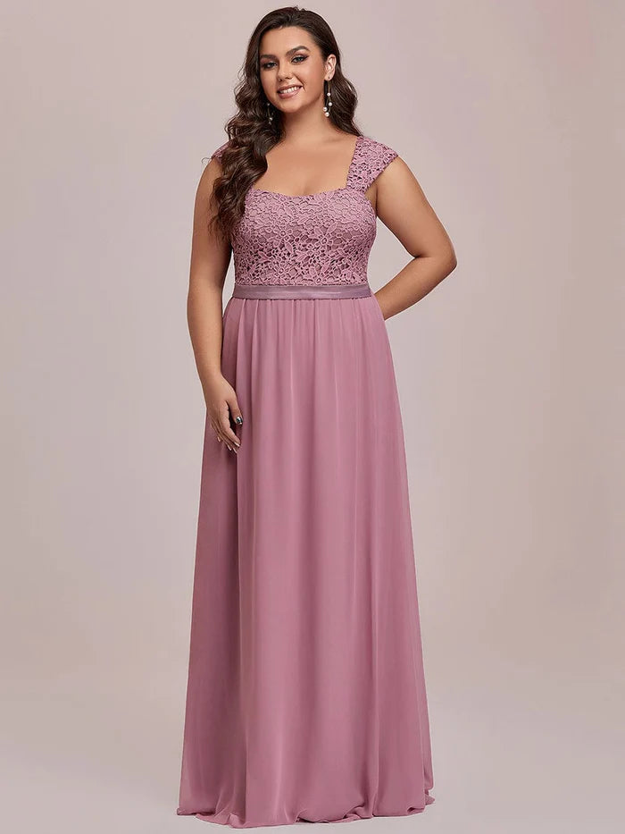 Plus Size Elegant A Line Long Chiffon Bridesmaid Dress With Lace Bodice