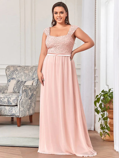 Plus Size Elegant A Line Long Chiffon Bridesmaid Dress With Lace Bodice