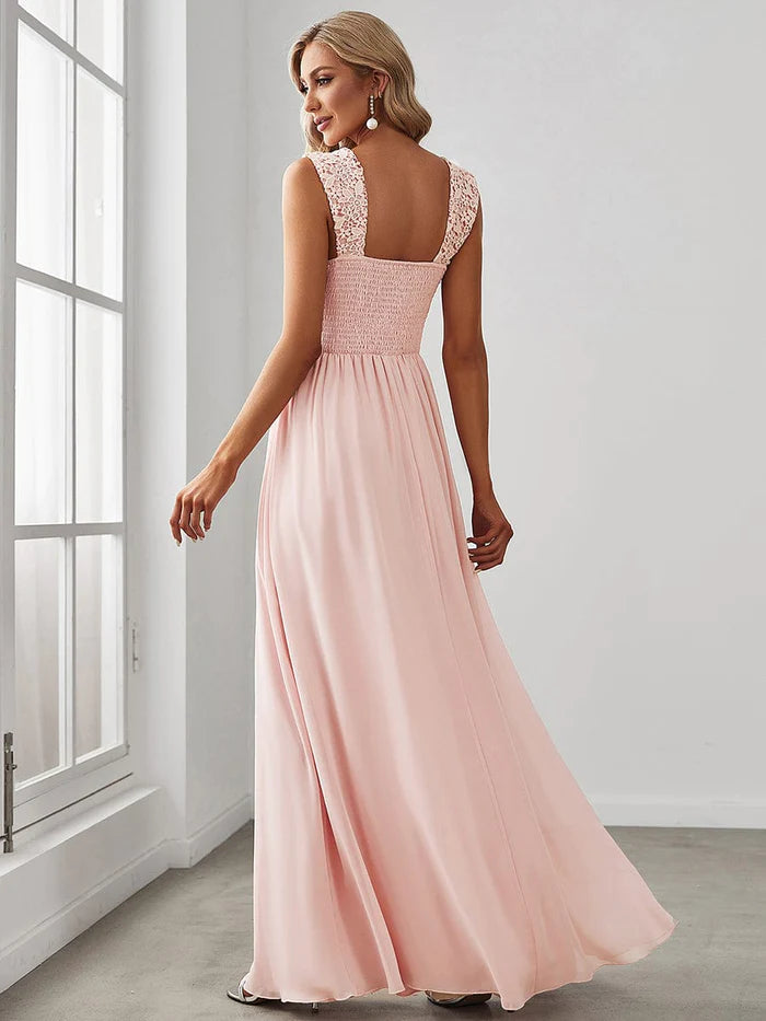 Elegant A Line Long Chiffon Bridesmaid Dress With Lace Bodice