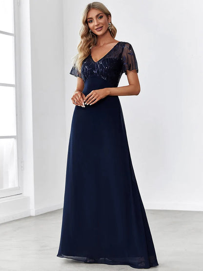 Sequin Print Evening Wedding Guest Dresses with Cap Sleeve
