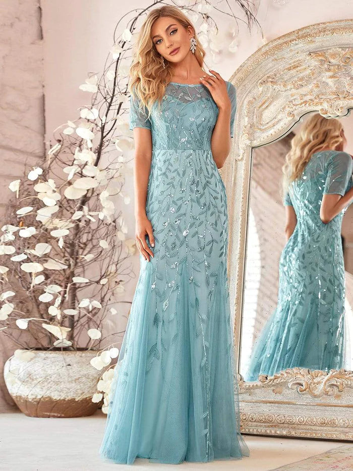 Floral Sequin Maxi Fishtail Tulle Prom Dress with Short Sleeve