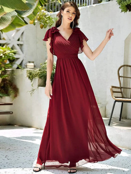 Elegant Pleated Bodice Ruffles Sleeves Chiffon Evening Dress