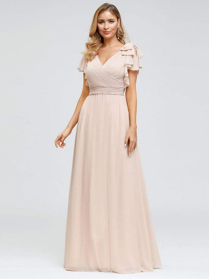 Elegant Pleated Bodice Ruffles Sleeves Chiffon Evening Dress