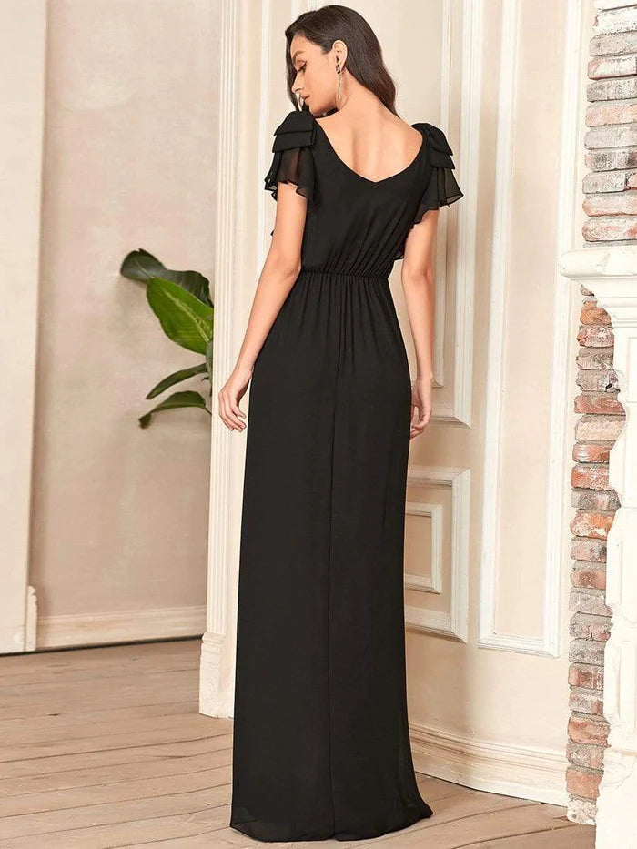 Elegant Pleated Bodice Ruffles Sleeves Chiffon Evening Dress