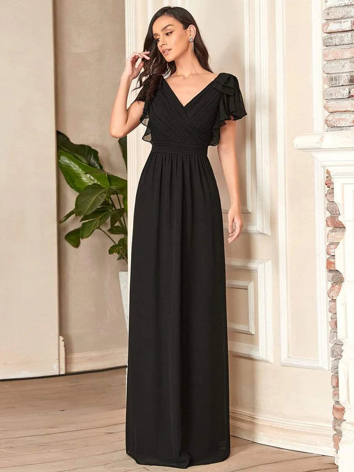 Elegant Pleated Bodice Ruffles Sleeves Chiffon Evening Dress