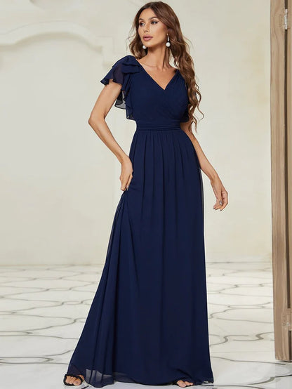 Maxi Long Chiffon Evening Dress for Women with Ruffles Sleeves