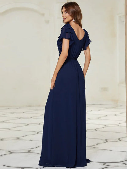 Maxi Long Chiffon Evening Dress for Women with Ruffles Sleeves