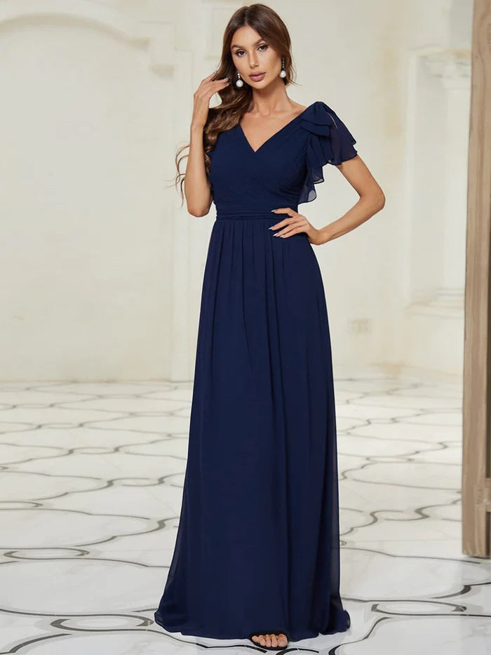 Maxi Long Chiffon Evening Dress for Women with Ruffles Sleeves