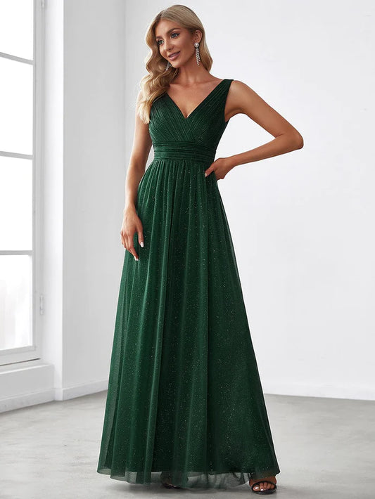 Double V Neck Floor Length Sparkly Evening Dresses for Party