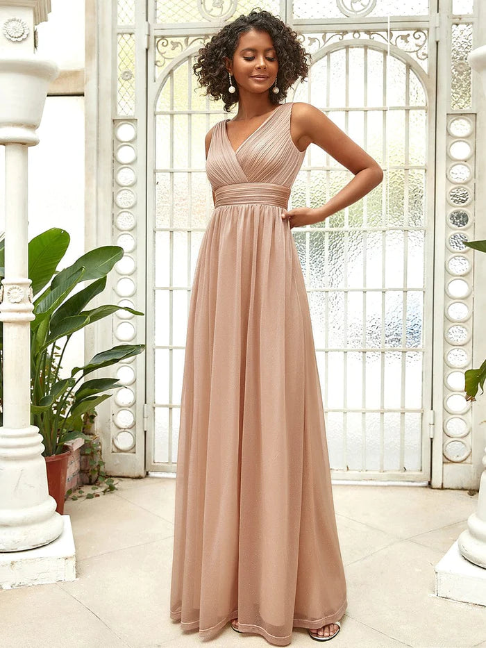 Maxi Double V Neck Floor Length Sparkly Wedding Guest Dress