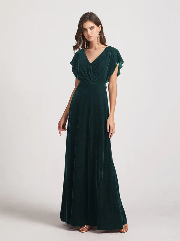 Flutter Sleeve Open Back Velvet Bridesmaid Dresses