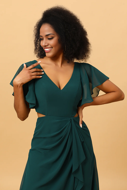 Hollow-out Chiffon Green Bridesmaid Dress V-Neck with Ruffles Sleeves