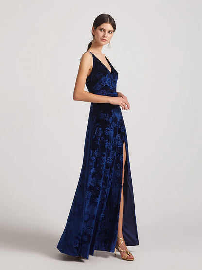 Floral Pattern V Neck Velvet Bridesmaid Dresses With Sash