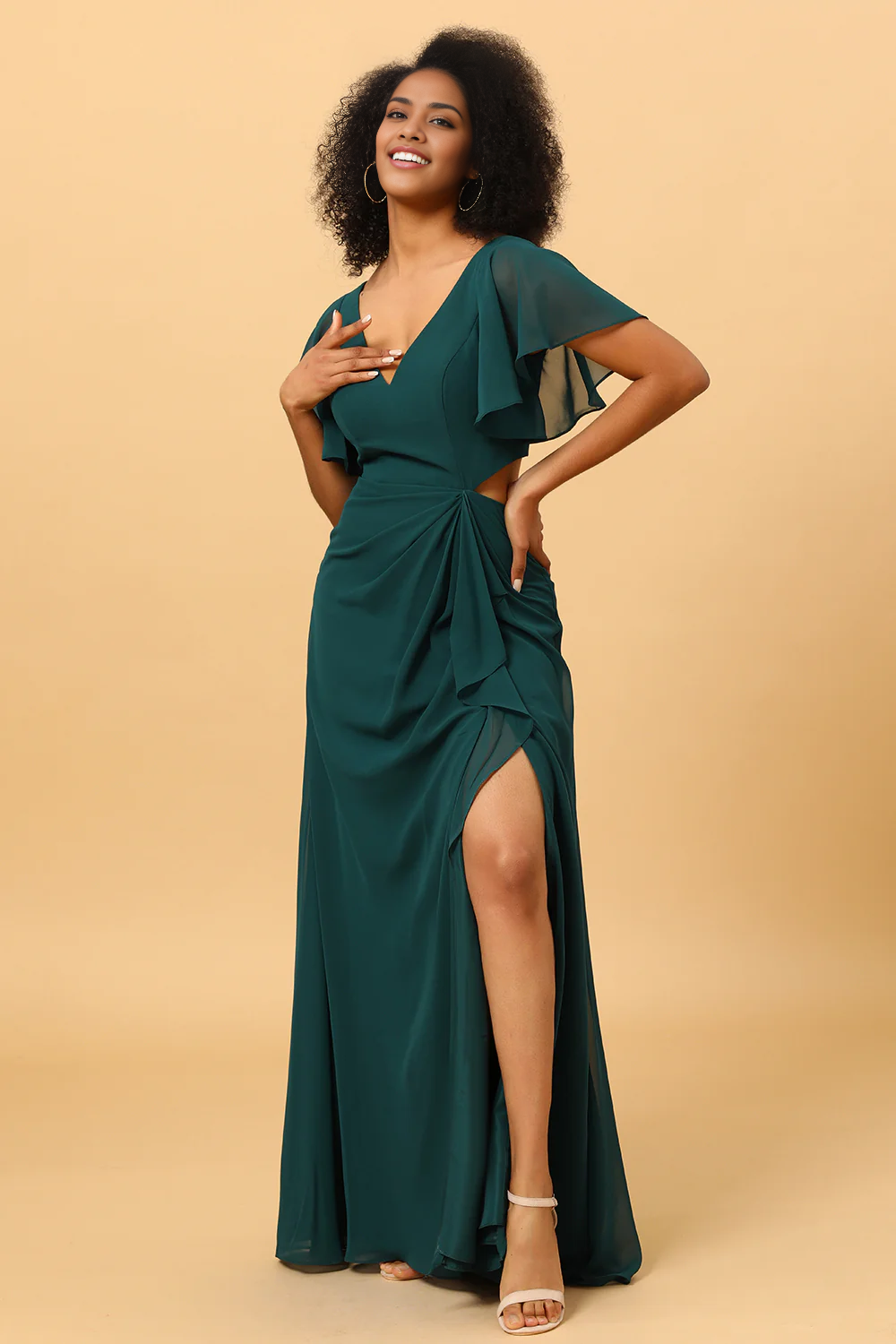 Hollow-out Chiffon Green Bridesmaid Dress V-Neck with Ruffles Sleeves