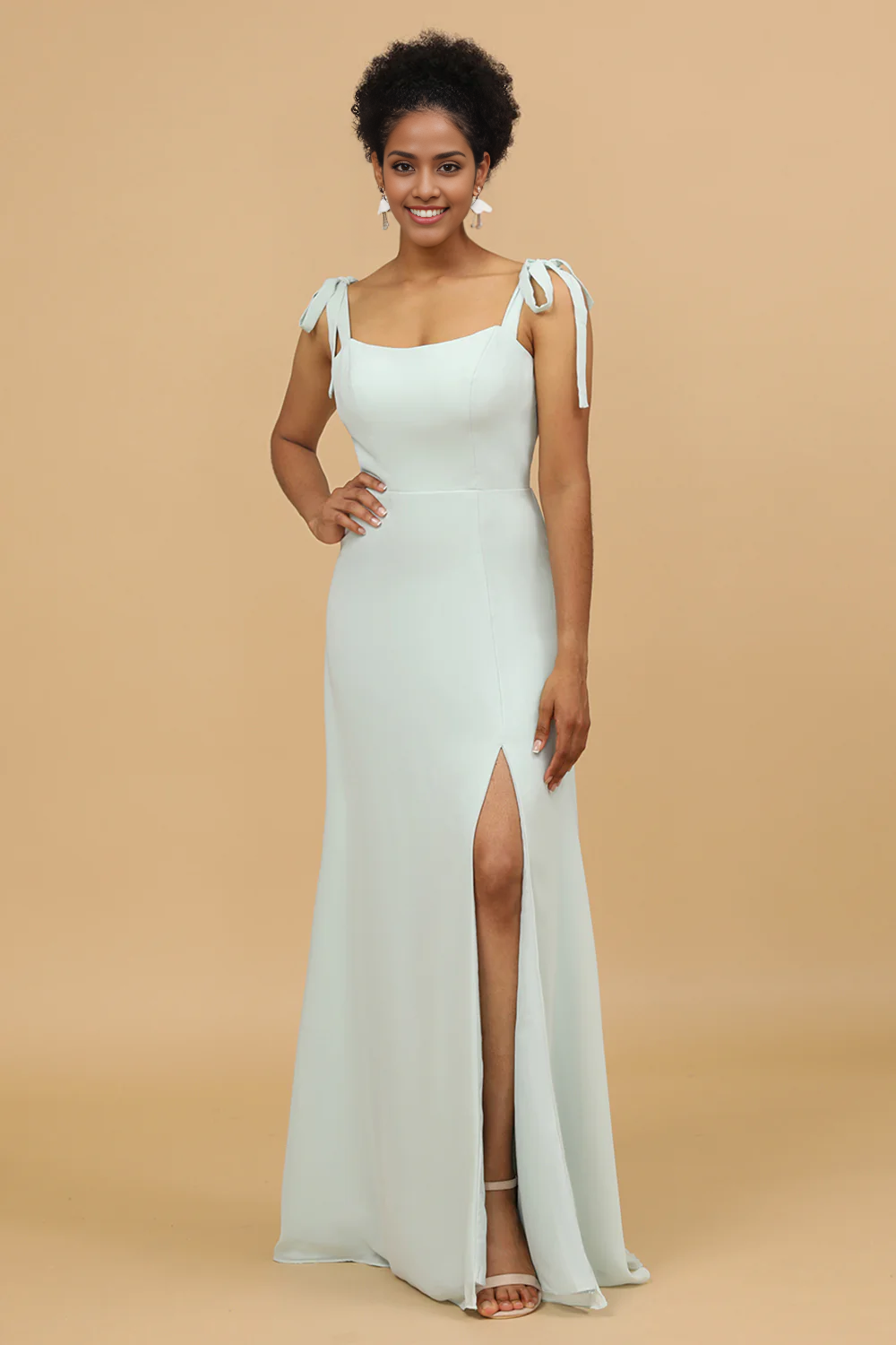 Spaghetti Straps Mint Bridesmaid Dress with Slit