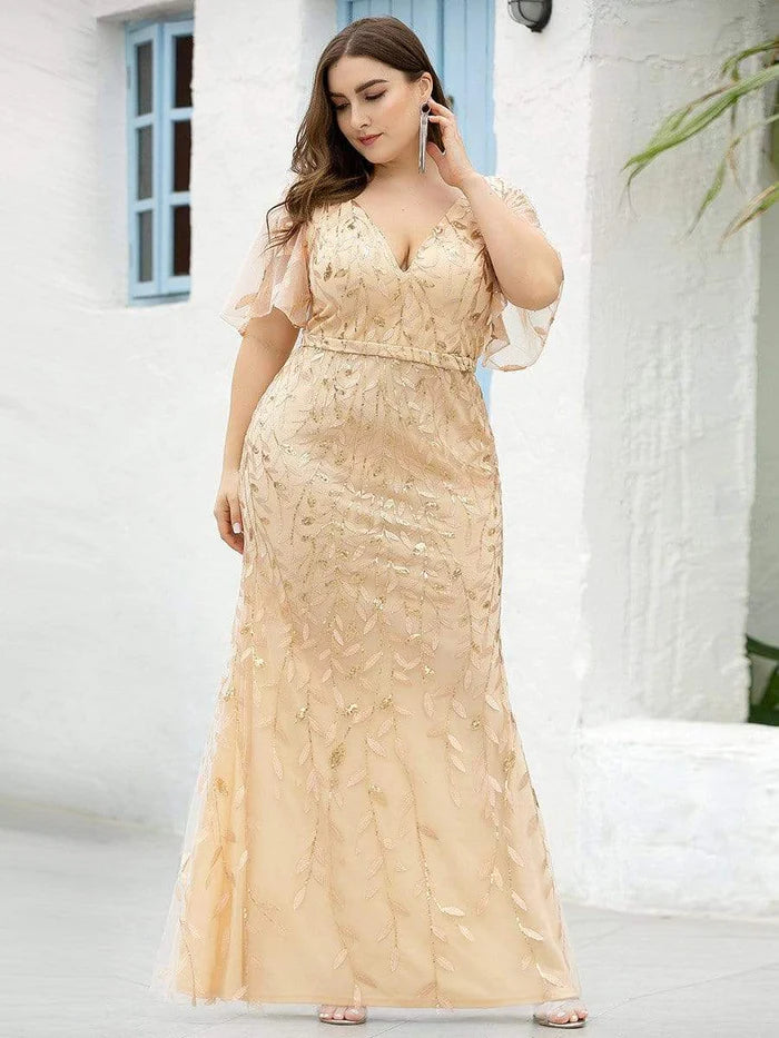 Fashion Plus Size V Neck Mermaid Sequin & Tulle Evening Dress