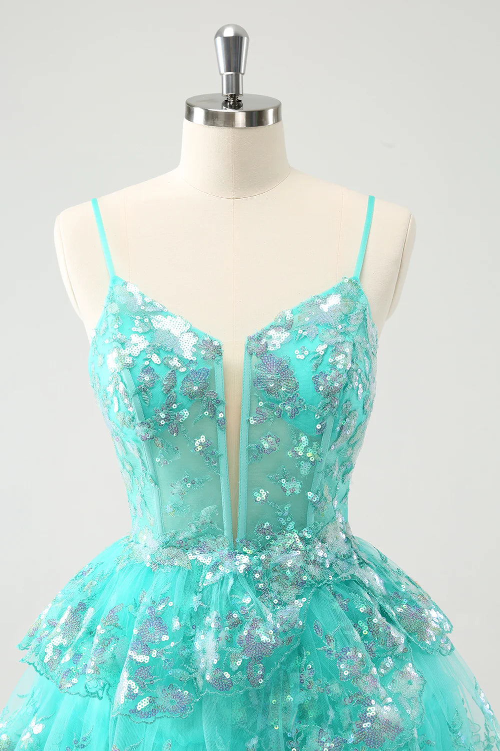 A-Line Sparkly Spaghetti Straps Tiered Homecoming Dress with Sequins