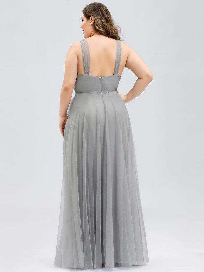 Plus Size Double V Neck Maxi Tulle Bridesmaid Dress