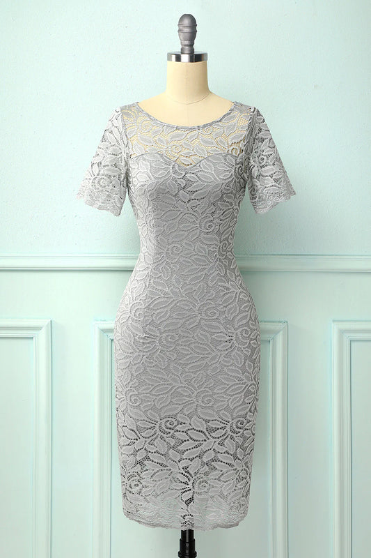 Grey Bodycon Lace Dress Round Neck Wedding Guest Dress